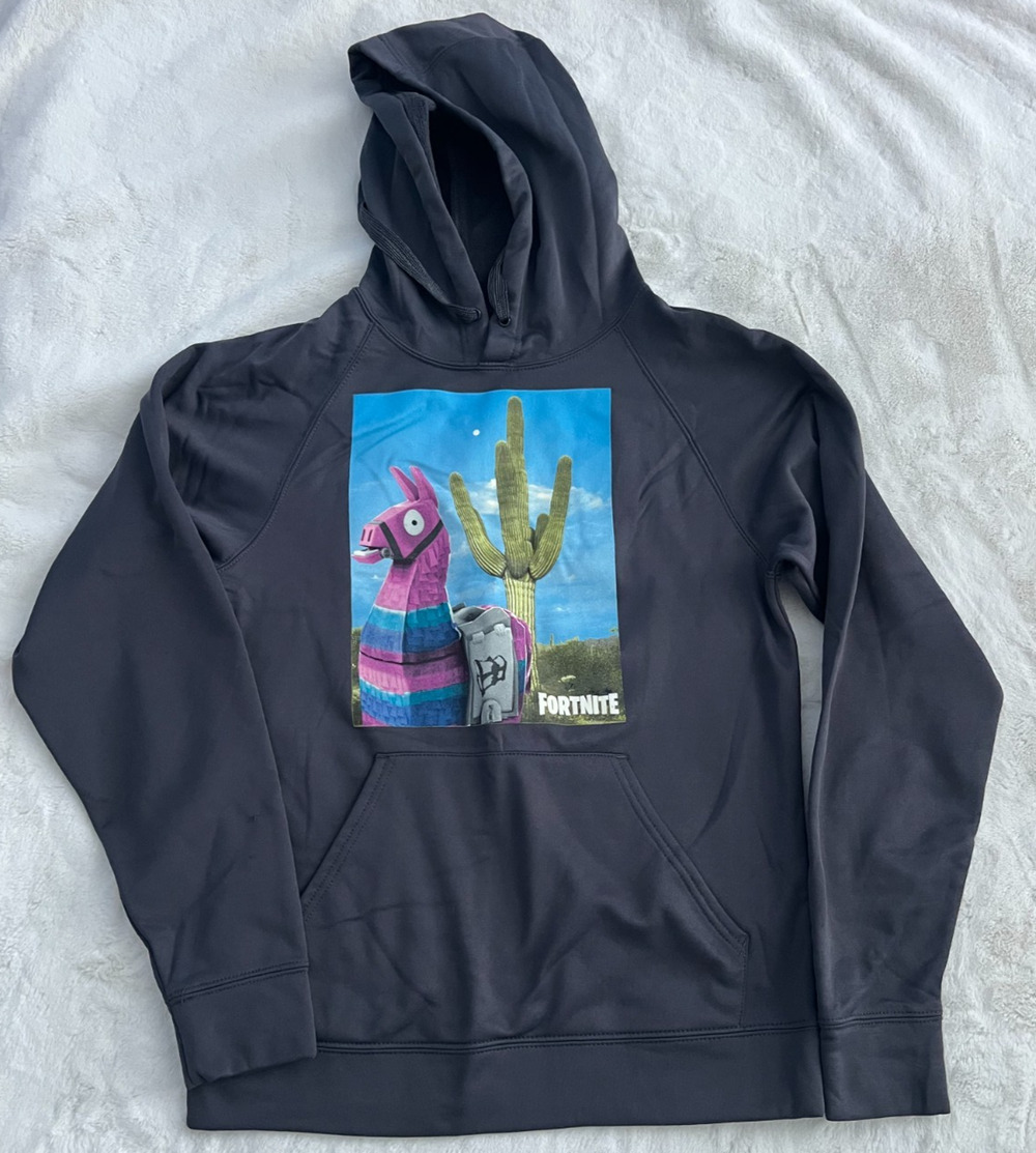 Fortnite Gray Hoodie Mens Small Llama Cactus Graphic Pullover Sweatshirt